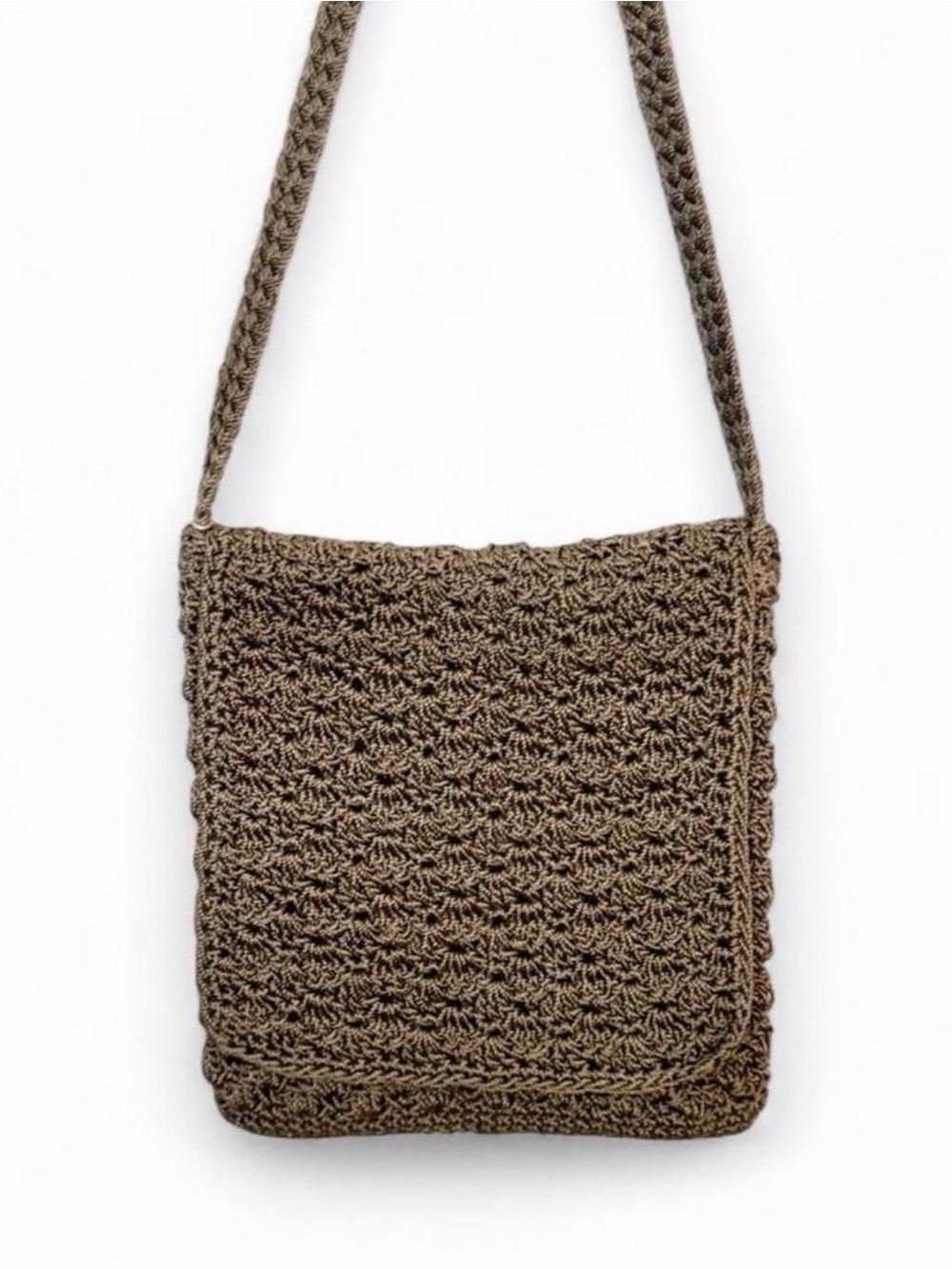 NWOT Vintage 90s Brown Crochet Macrame Crossbody Boho Knit Bag